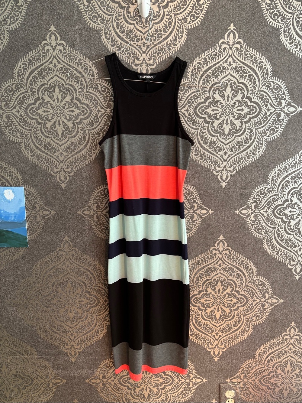 Express Colorblock Sleeveless Midi Dress in Black, Coral, Mint & Gray